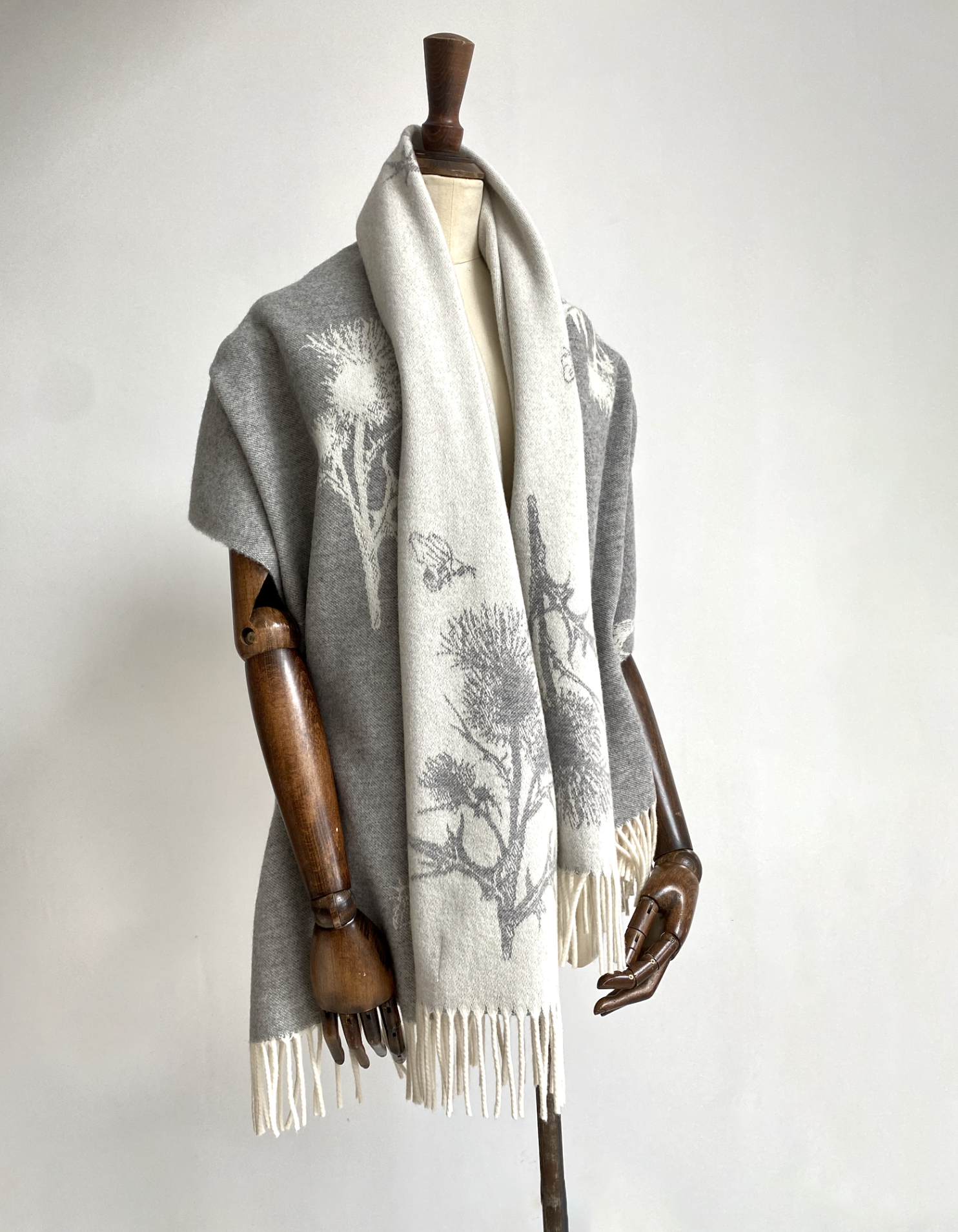 Merino Wool Thistle & Bee Scarf - Cream & Grey Marl