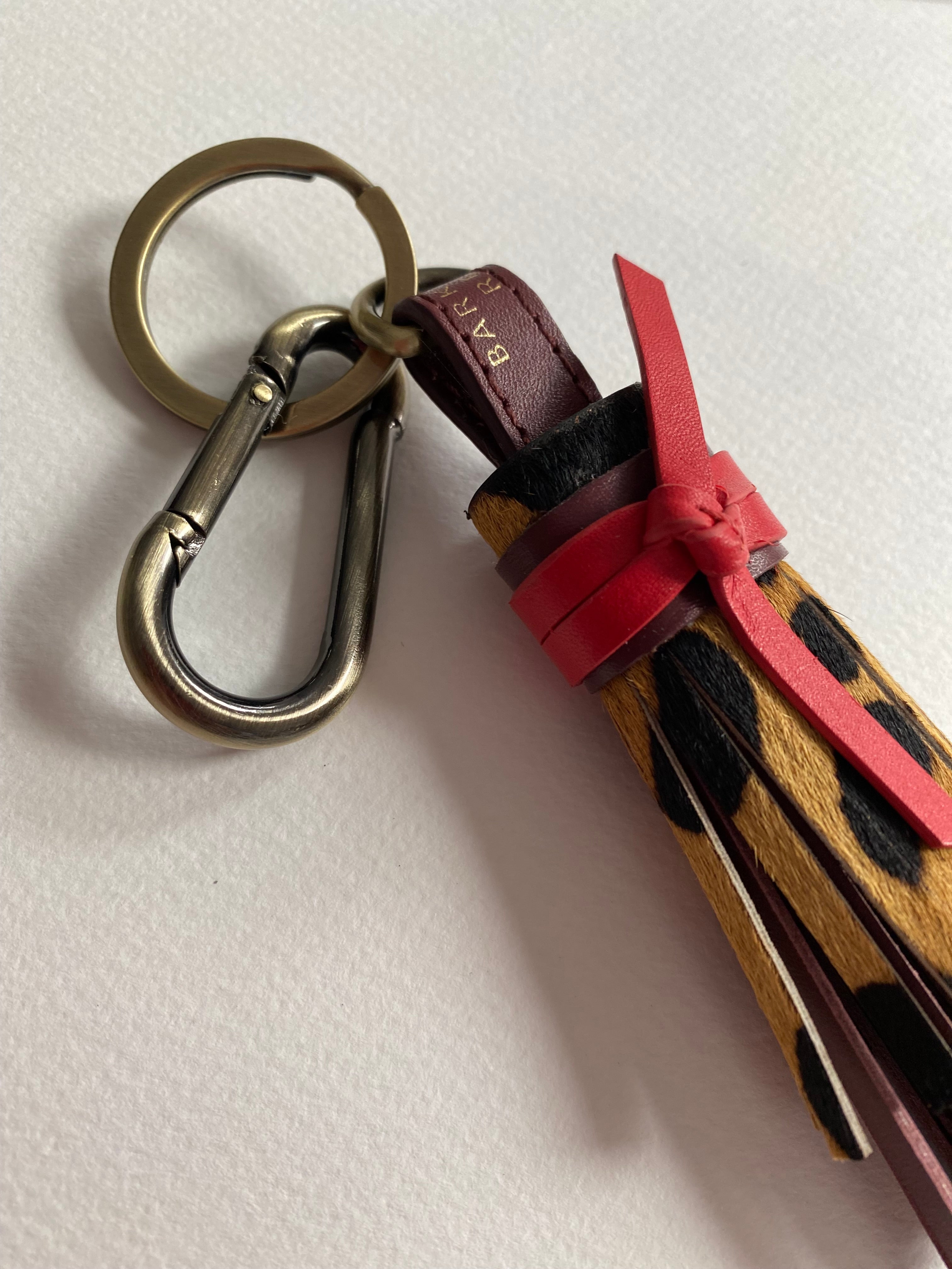 Leopard Leather Tassel Keyring with a pops of Merlot & Red