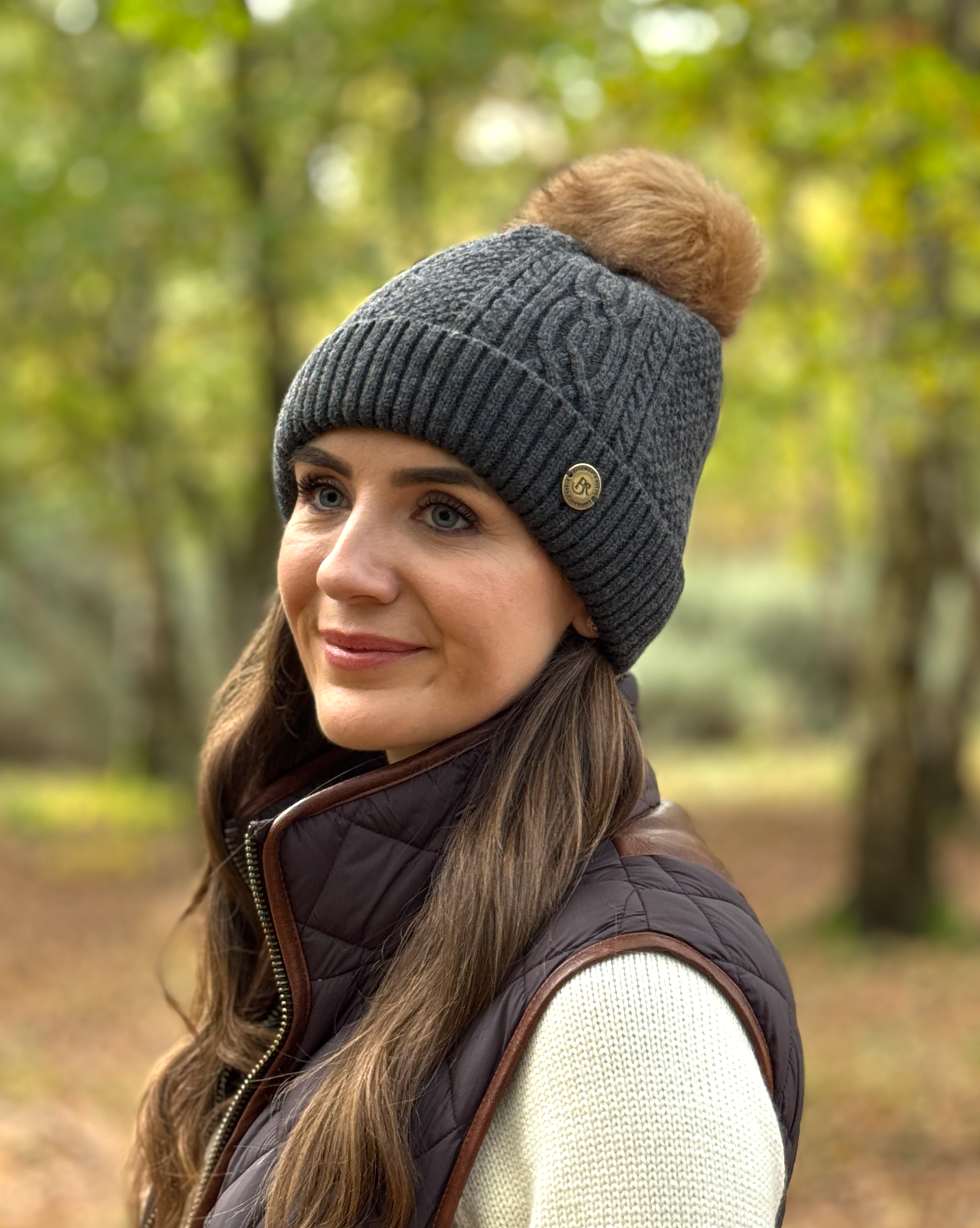 Bobble Hat - Dark Charocal Grey cashmere mix yarn, fully fleece lined.