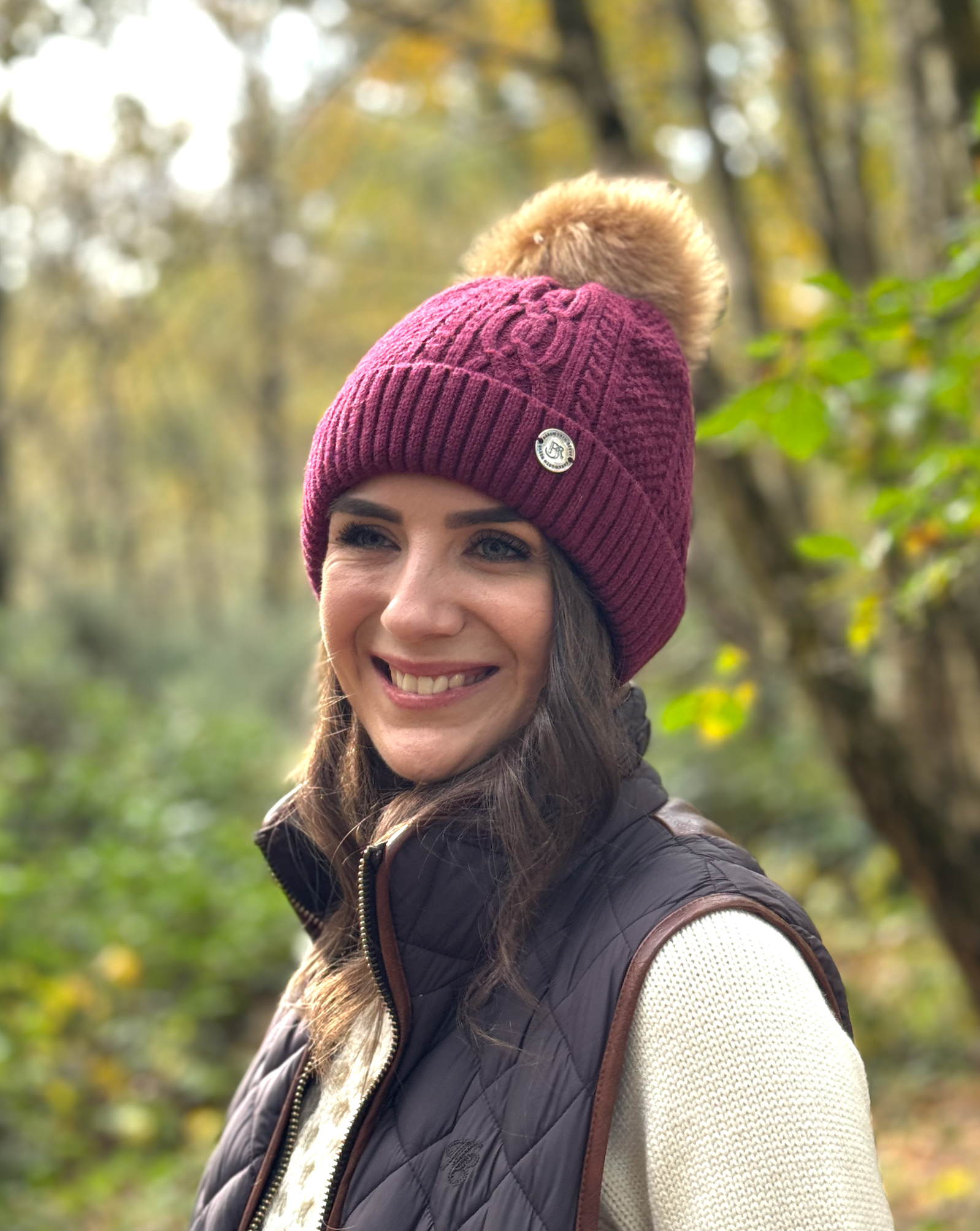 Bobble Hat - Burgundy cashmere mix yarn, fully fleece lined.