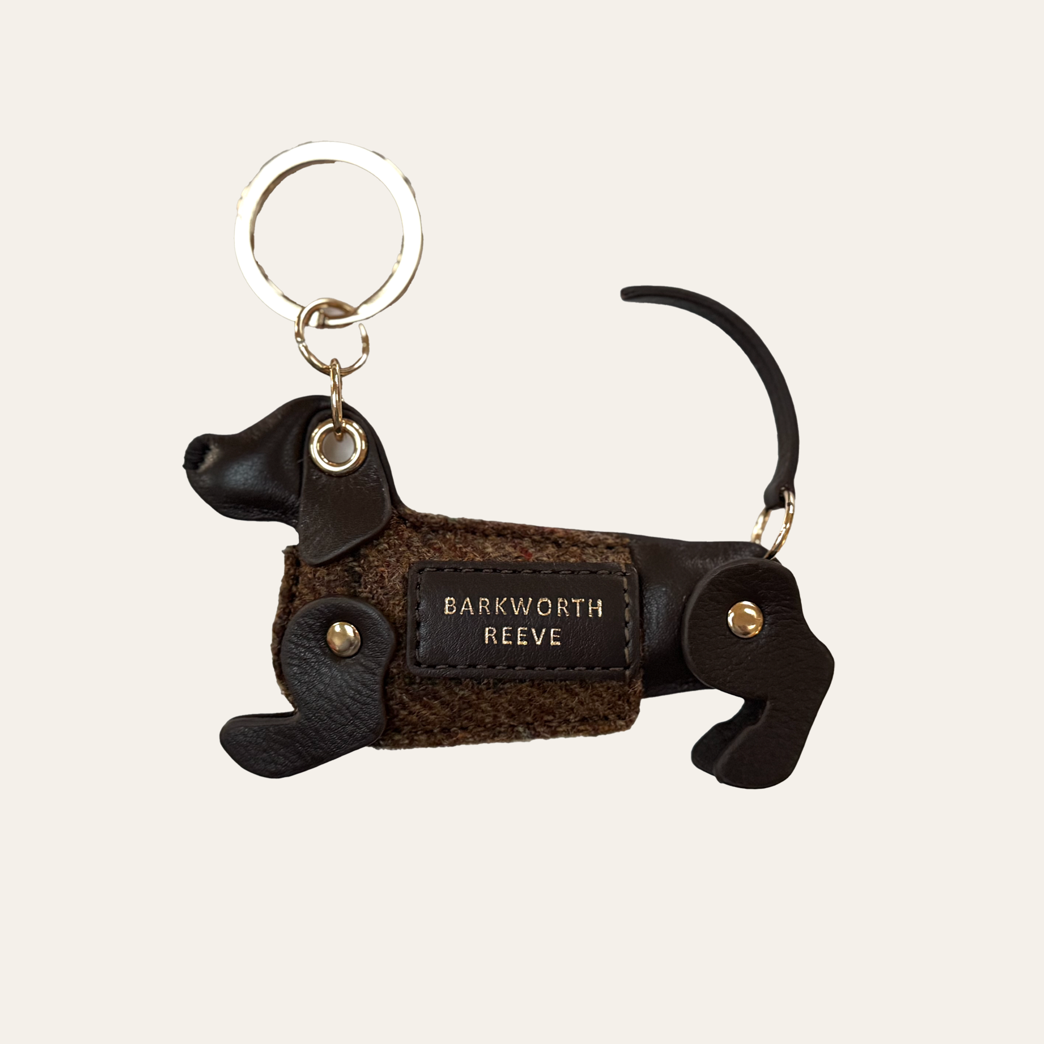 chocolate brown leather dachshund keyring, with tweed coat and gold keyring split ring